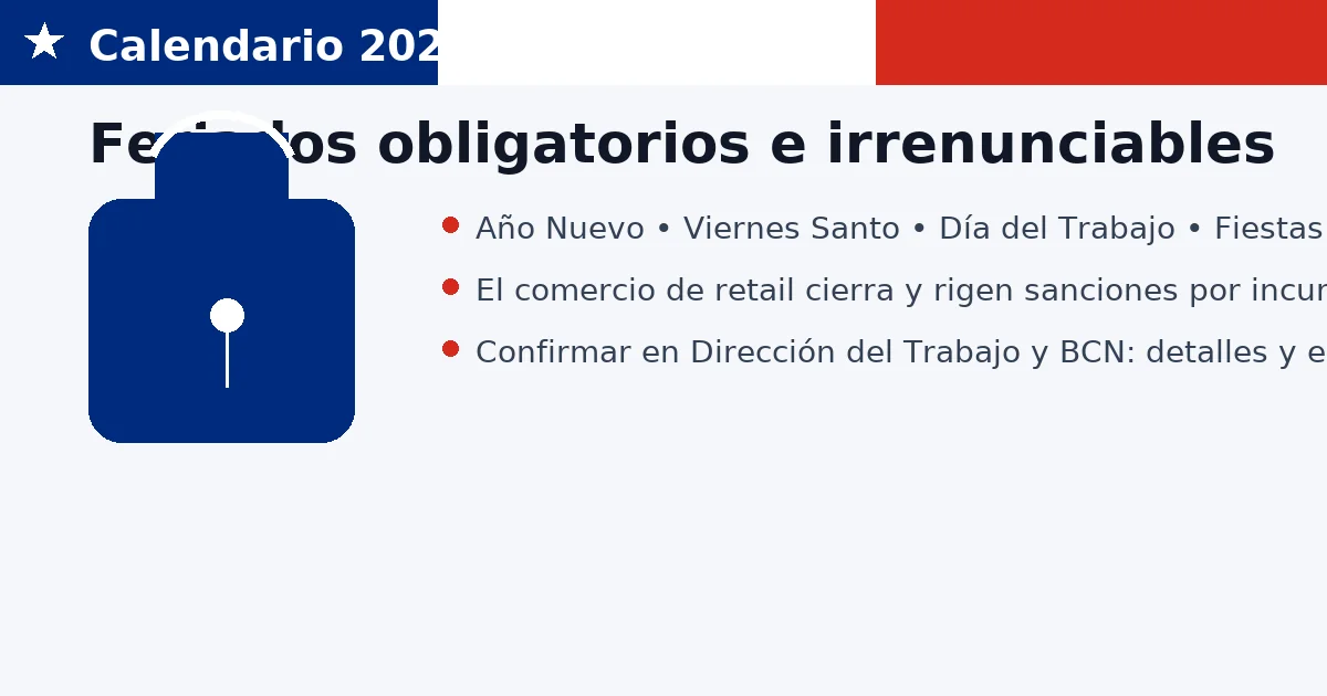 Feriados obligatorios e irrenunciables 2025 en Chile con ícono de candado y lista de ejemplos.