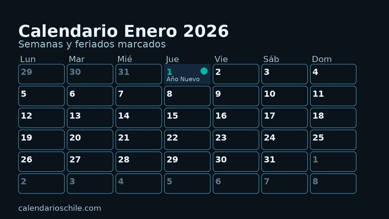 Calendario Enero 2026 con semanas y feriado de Año Nuevo marcado — Chile
