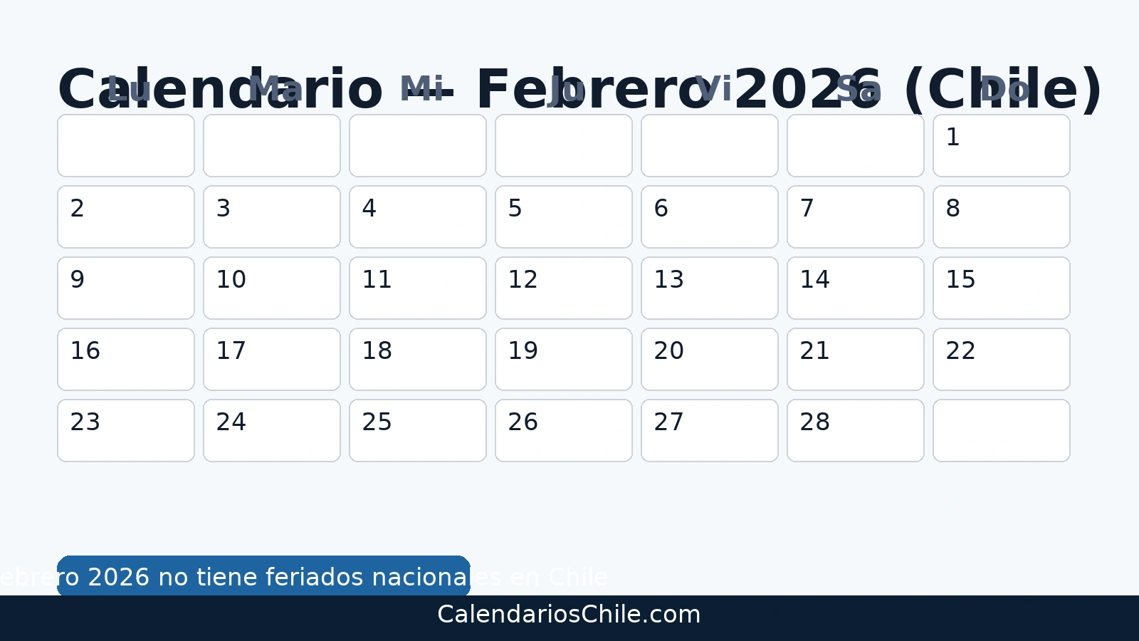 Calendario de febrero 2026 para imprimir — Chile sin feriados nacionales