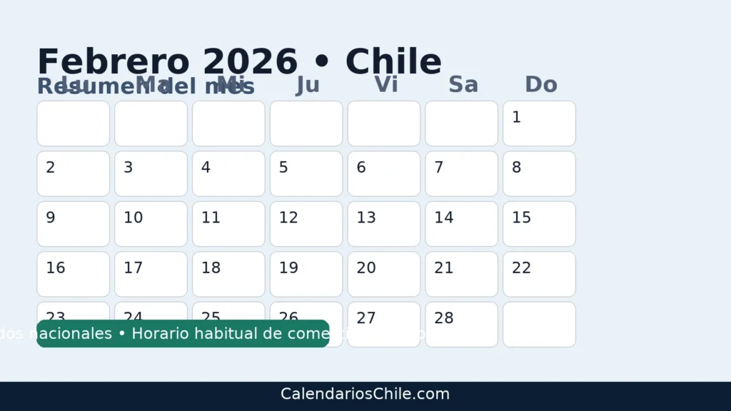 Calendario febrero 2026 Chile sin feriados nacionales — vista mensual clara