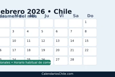 Calendario febrero 2026 Chile sin feriados nacionales — vista mensual clara