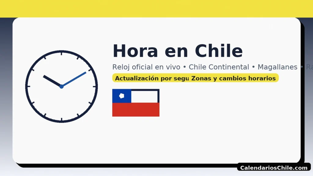 Hora en Chile: reloj oficial en vivo con zonas Chile Continental, Magallanes y Rapa Nui — CalendariosChile.com