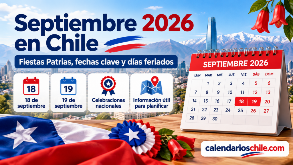 Calendario de septiembre 2026 en Chile con Fiestas Patrias, feriados del 18 y 19, y fechas clave del mes