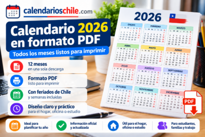 Calendario 2026 en PDF listo para descargar e imprimir con los 12 meses y feriados de Chile