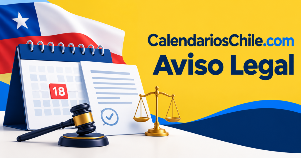 Calendario chileno junto a un documento y una balanza, con la marca CalendariosChile.com y el título Aviso Legal.