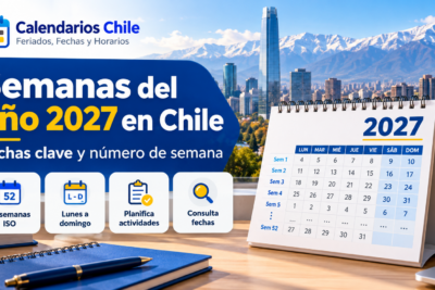 Calendario de 2027 en Chile organizado en 52 semanas ISO, con numeración semanal de lunes a domingo y fechas para planificar actividades.