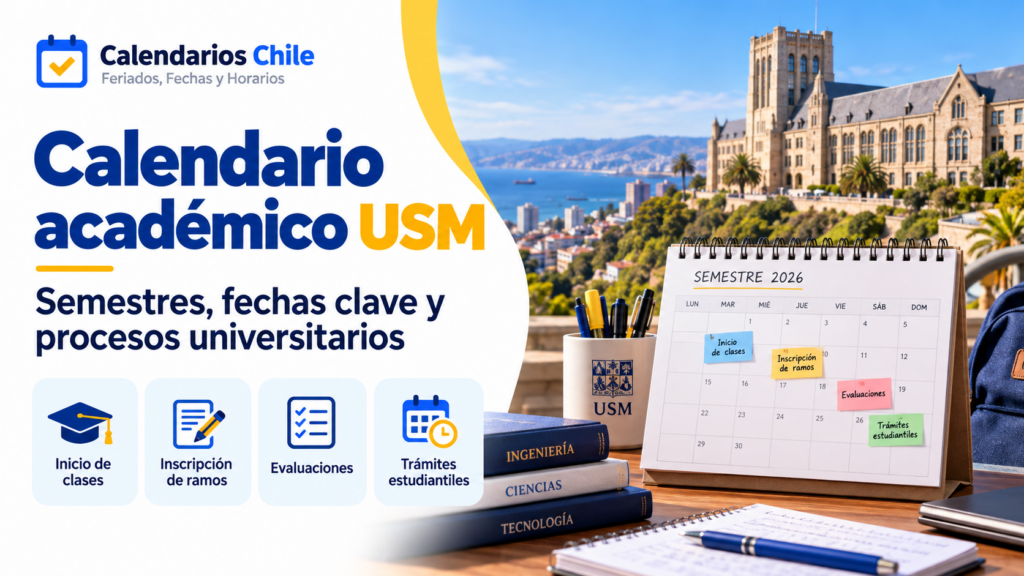 Calendario académico de la Universidad Técnica Federico Santa María (USM) con fechas de inicio de clases, inscripción de ramos, evaluaciones y trámites estudiantiles de 2026.