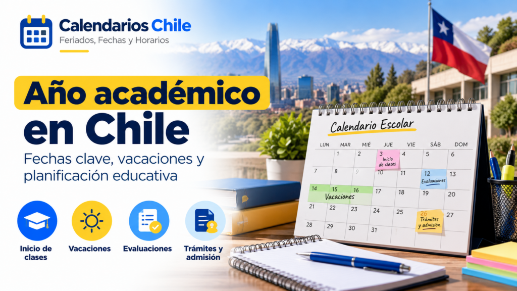 Calendario académico en Chile con fechas de inicio de clases, vacaciones escolares, evaluaciones y procesos de admisión para organizar el año educativo.