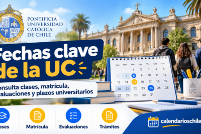 Calendario académico de la Pontificia Universidad Católica de Chile (UC) con fechas importantes de clases, matrícula, evaluaciones y trámites universitarios.