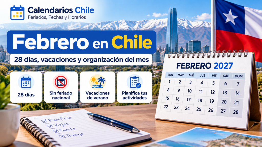 Calendario de febrero de 2027 en Chile con 28 días, vacaciones de verano, sin feriados nacionales y fechas para planificar viajes y actividades.