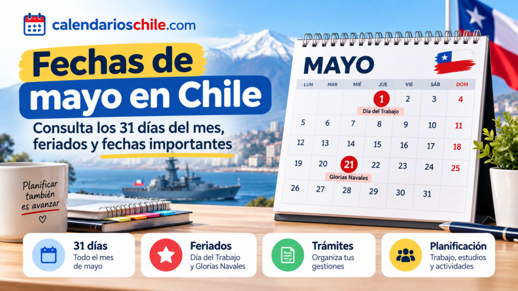 Calendario de mayo en Chile con los 31 días del mes, feriados del 1 de mayo por el Día del Trabajo y 21 de mayo por las Glorias Navales.