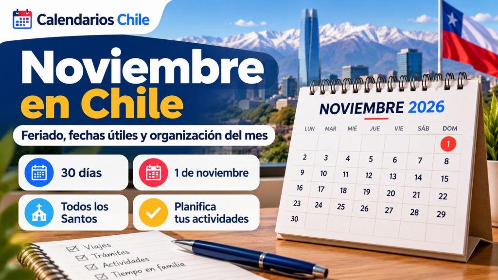 Calendario de noviembre de 2026 en Chile con 30 días, feriado del 1 de noviembre por el Día de Todos los Santos y fechas importantes para organizar el mes.