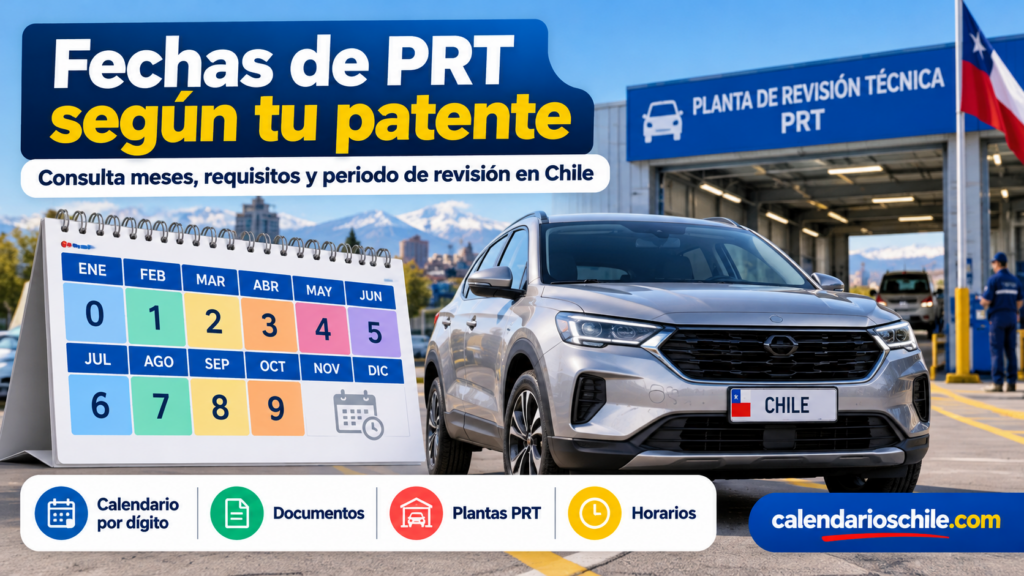 Calendario de revisión técnica vehicular en Chile con fechas por dígito de patente, documentos necesarios y plantas PRT.