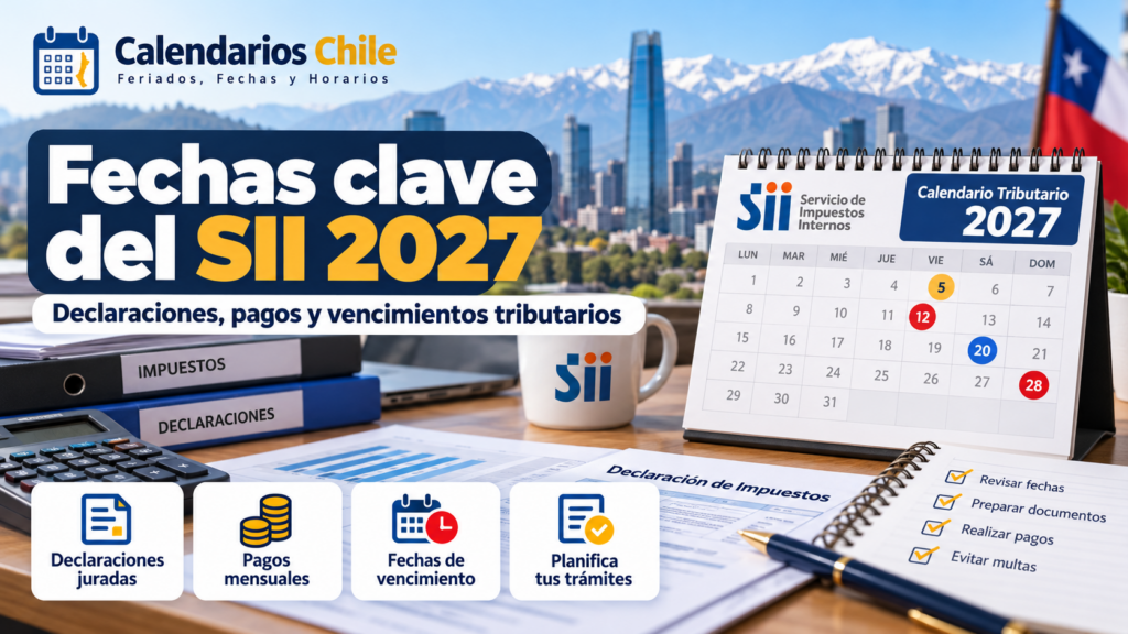 Calendario tributario del SII 2027 en Chile con fechas de vencimiento, declaraciones juradas, pagos mensuales y planificación de obligaciones tributarias.