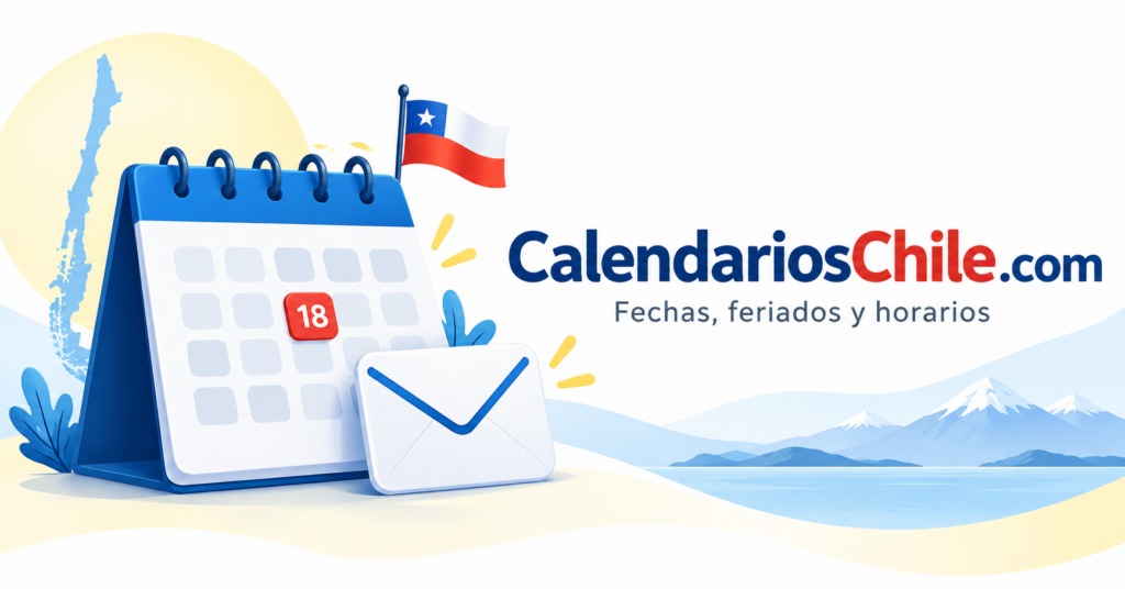 Calendario ilustrado con un sobre y la marca CalendariosChile.com, sitio de fechas, feriados y horarios.