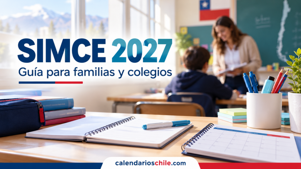 Planificador escolar y cuadernos en un aula luminosa, con recursos para organizar la preparación de las evaluaciones en Chile.