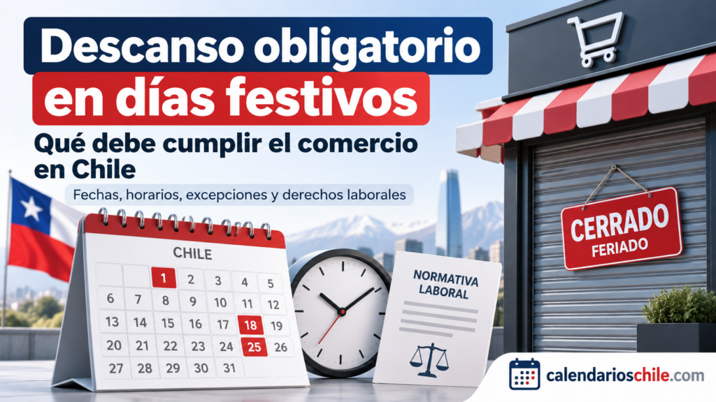 Descanso obligatorio durante los feriados irrenunciables en Chile, con calendario de fechas, cierre del comercio, excepciones y derechos laborales.