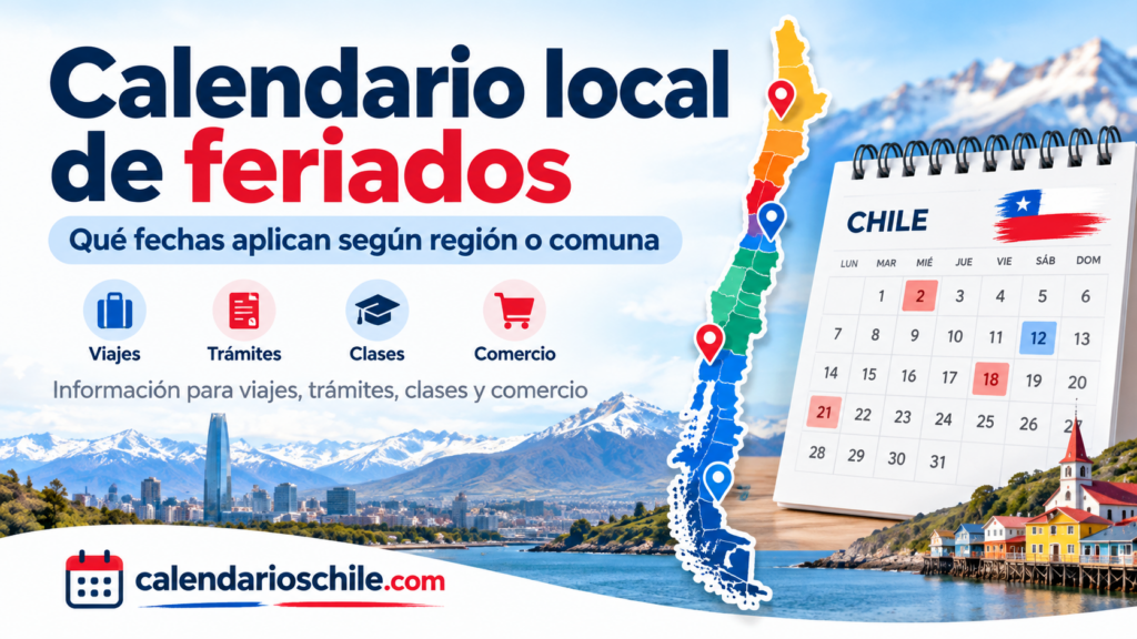 Calendario de feriados regionales en Chile con fechas por región y comuna, información útil para viajes, trámites, clases y comercio.